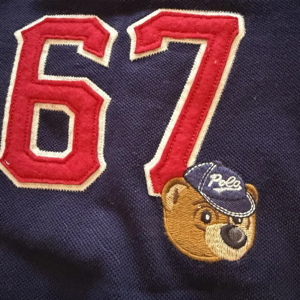 Ralph Lauren Baby Boys Polo Bear 67 Baseball Romper 3M Navy White Long Sleeve